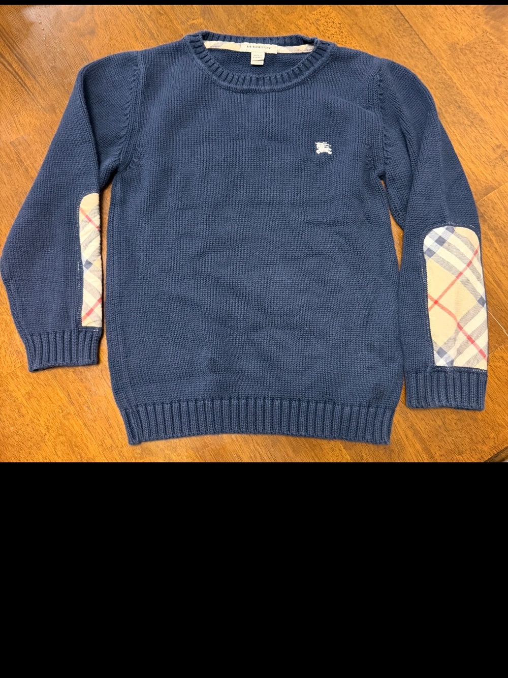 Burberry Navy Crewneck Sweater with Beige Check Elbow Patches Boys size 6